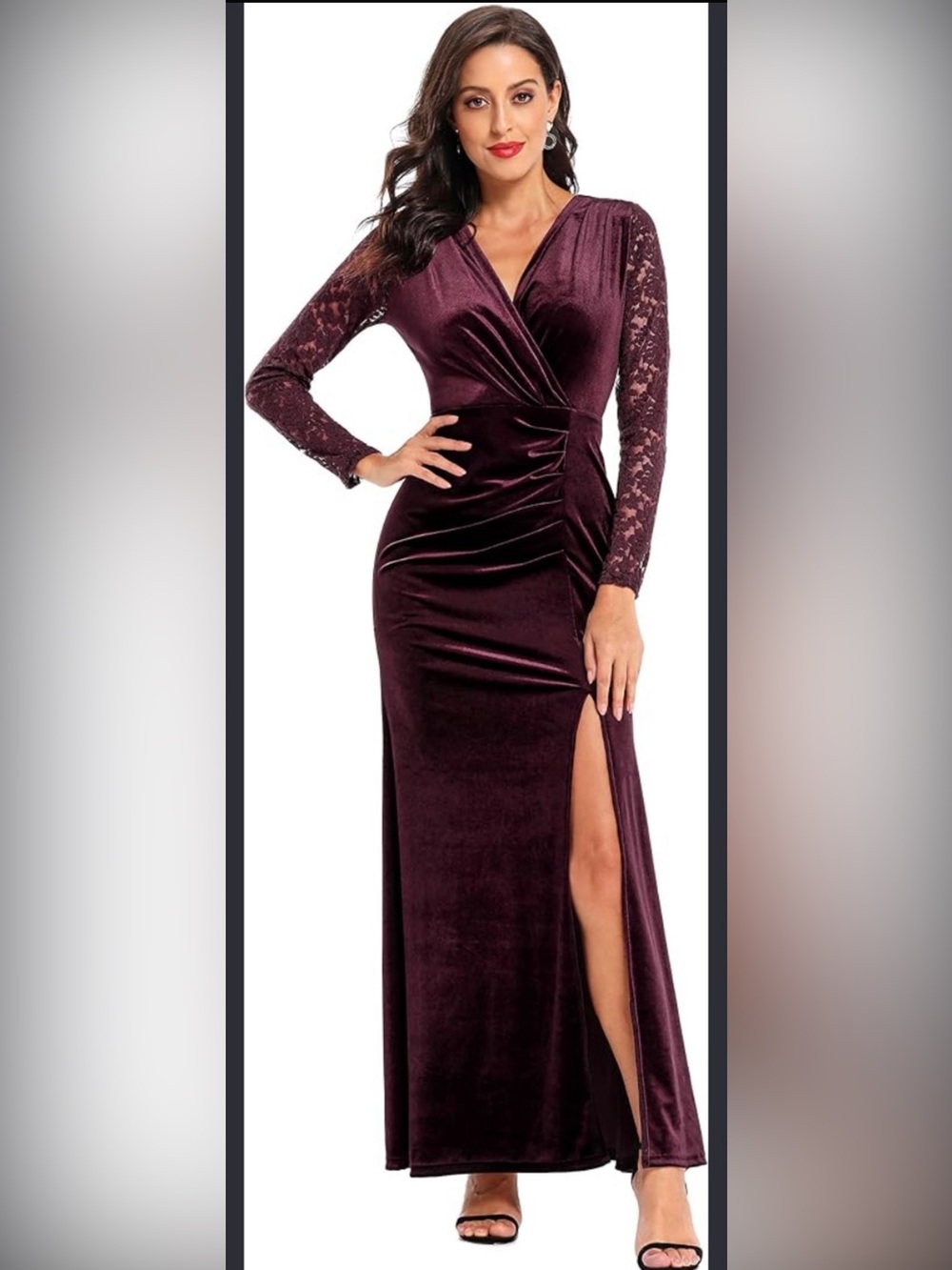 Velvet Lace-Sleeve Burgundy Prom Dress